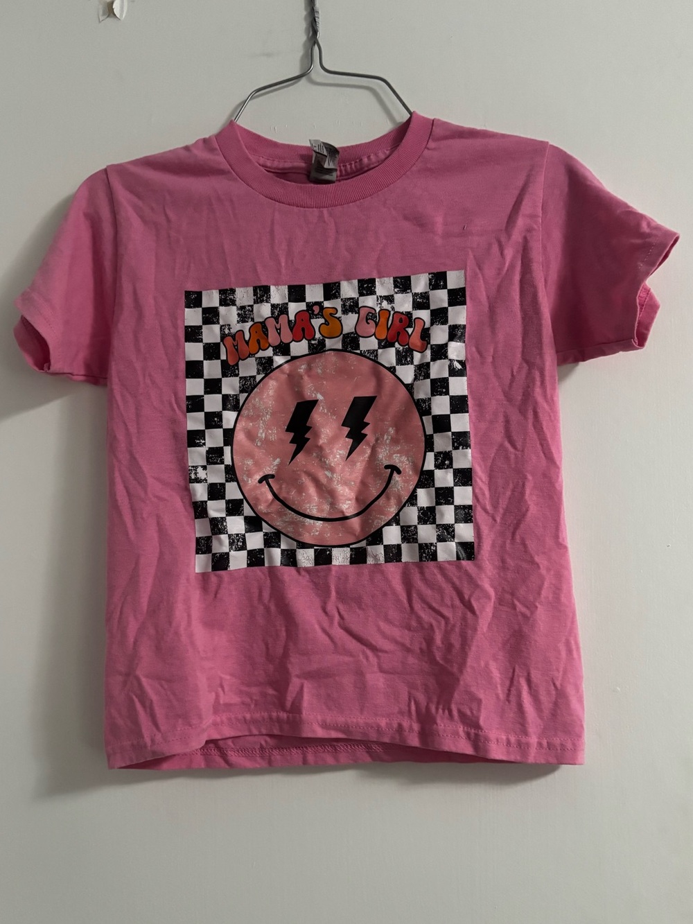 Gildan Pink Kids Tee with Checkered Smiley Graphic